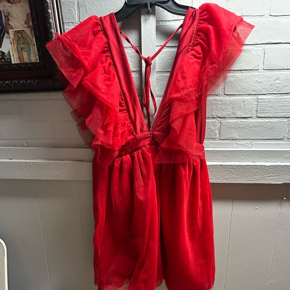 Red Ruffled V-Neck Dress - Picture 2 of 2
